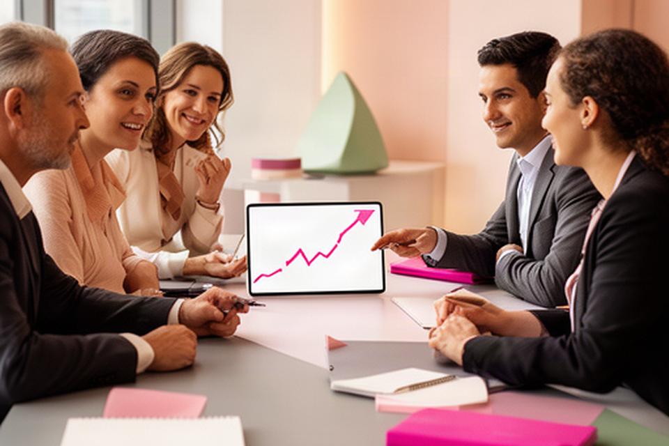 Consultants in overleg met een klant aan een tafel met groeigrafieken